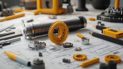 Engineering concept vector, showing mechanical gears and blueprints, surrounded by digital design tools