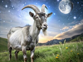 Fototapeta premium Grey Horned Goat in Summer Pasture at Night - Serene Night Photography
