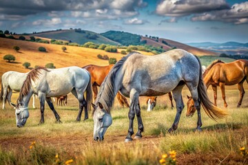 Obraz premium Grey Andalusian horses roam gracefully in a lush pasture, surrounded by their herd, captured in stunning detail for a majestic equine documentary
