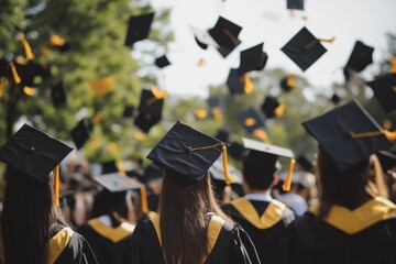 Graduates in black gowns and yellow accents joyfully throw their caps into the air during a graduation ceremony on a warm, sunny day at the university