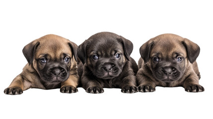 Three adorable puppies embrace comfort and warmth on a dark studio background, captivating portrait of canine companionship