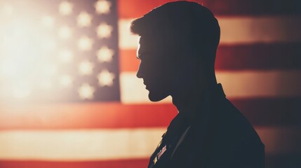 A silhouette of a person against the backdrop of an American flag, evoking themes of patriotism and honor.
