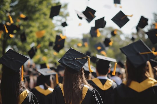 Graduates in black gowns and yellow accents joyfully throw their caps into the air during a graduation ceremony on a warm, sunny day at the university
