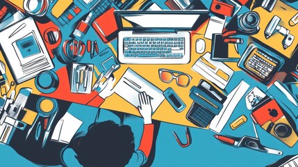 Entrepreneur startup illustration, depicting a person working on business development, surrounded by tools