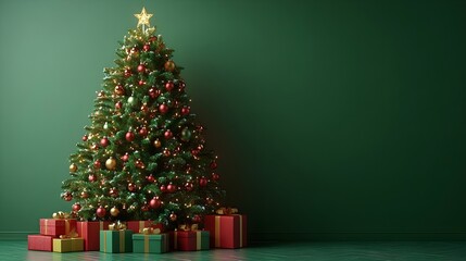 Festively decorated Christmas tree with colorful lights and ornaments, shining star at the top