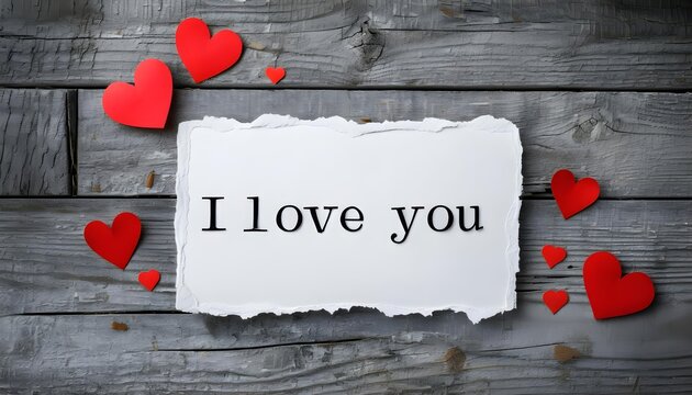 I love you note with red hearts on rustic wooden background, perfect for romantic cards