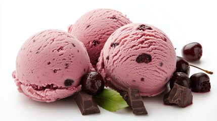 Cherry Chocolate Chip Ice Cream: A tantalizing close-up of three scoops of creamy cherry chocolate chip ice cream, adorned with fresh cherries and chocolate shavings.