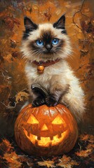 Playful Ragdoll cat in sparkly pumpkin costume, blue eyes shining, posing with illuminated jack-o'-lantern