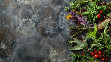 Organic herbs and bold spices artistically arranged on a textured backdrop, with space for text