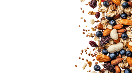 Colorful nut medley, a vibrant and textured arrangement of healthy nuts on white backdrop