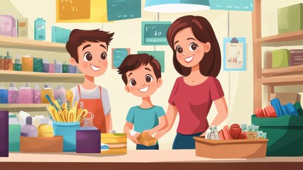 Family-owned business vector, depicting a family working together in a small retail shop, cheerful style