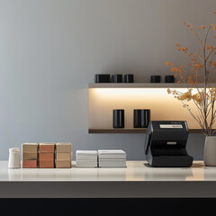 Fototapeta premium Modern cashier counter in retail store with packaging items