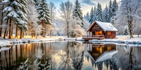 Obraz premium Cozy winter cabin surrounded by snow-covered trees and a frozen pond, peaceful scene, snowy forest, winter wonderland, snow covered trees, icy water