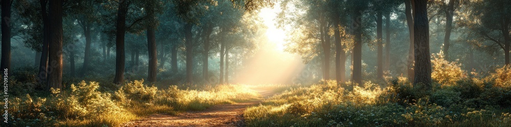 Poster serene forest path illuminated by soft sunlight.