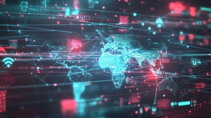 Obraz premium A sophisticated digital interface with a global map in the background