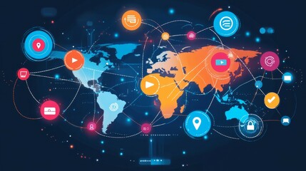 A sophisticated digital interface with a global map in the background