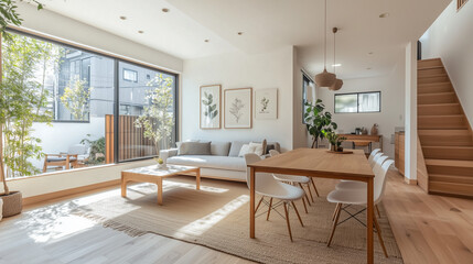 Fototapeta premium Open Concept Living And Dining Room With Green Plants And Large Windows