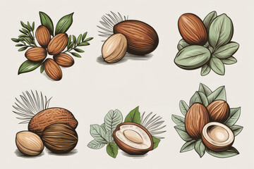 Collection of hand drawn jojoba, argan, shea, macadamia. Botanical design for organic cosmetics, medicine. AI generated
