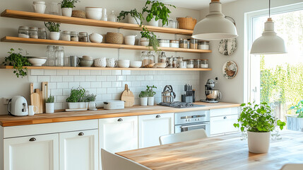 Cozy White Kitchen With Wooden Shelves And Indoor Plants Near Window