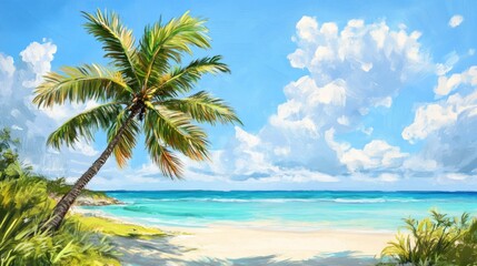 Obraz premium A single palm tree stands on a white sand beach with turquoise water and blue sky with clouds.