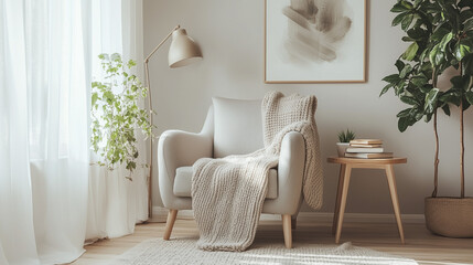 Bright Scandinavian-Inspired Cozy Reading Nook With Armchair And Plant