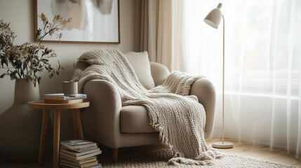 Warm Neutral Living Space With Armchair And Knit Throw