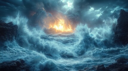 Fototapeta premium A dramatic seascape with turbulent waves and fiery clouds.