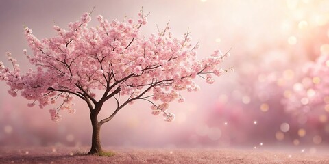 Fototapeta premium Delicate cherry blossom tree against a soft pink background, branches, nature, flowers, blooming, delicate