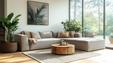 Modern Living Room With Large Sectional Sofa And Indoor Plants