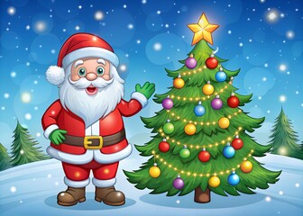 Cartoon santa claus and christmas tree