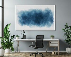 Fototapeta premium A white framed blank poster, on the wall above a desk in a modern office, 