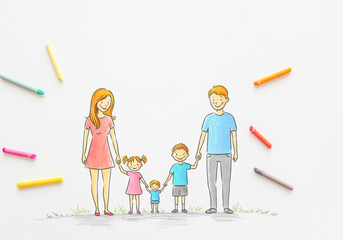 Illustrative family portrait with colored pencils for creative family-themed projects