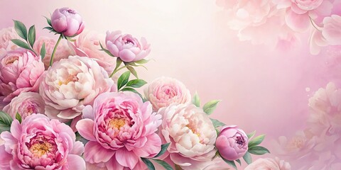 Delicate watercolor peony flowers on a soft pastel pink background, soft, spring