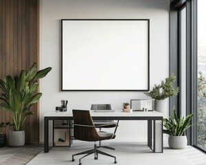 A white framed blank poster, on the wall above a desk in a modern office, 