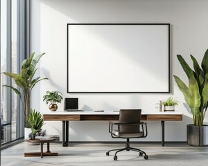 A white framed blank poster, on the wall above a desk in a modern office, 
