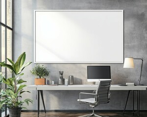 A white framed blank poster, on the wall above a desk in a modern office, 