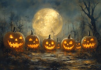 Fototapeta premium A charming group of pumpkins illuminated by a bright moon in the night sky