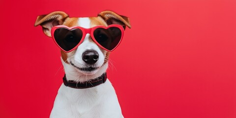 A dog wearing sunglasses and a heart shaped frame on its face. The dog is smiling and looking at the camera