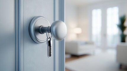 Naklejka premium A cozy apartment entrance with a house key hanging invitingly on the door handle against a softly blurred interior backdrop