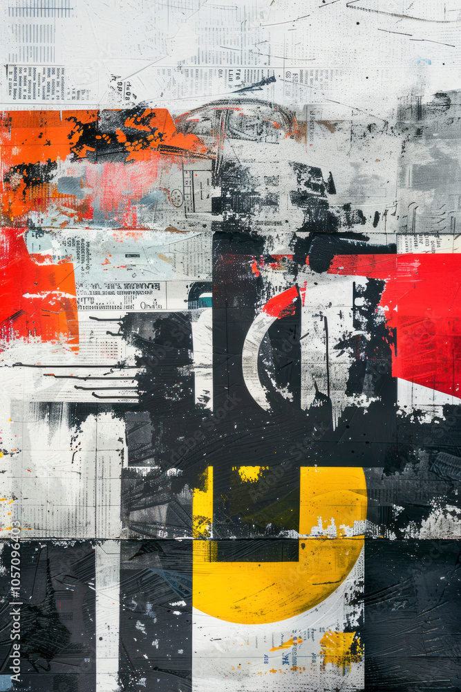 Fototapete vertical abstract art print featuring bold typography and graphic elements on textured newspaper pap