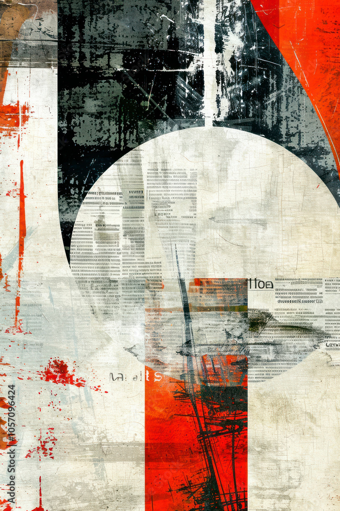 Fototapete vertical abstract art print featuring bold typography and graphic elements on textured newspaper pap