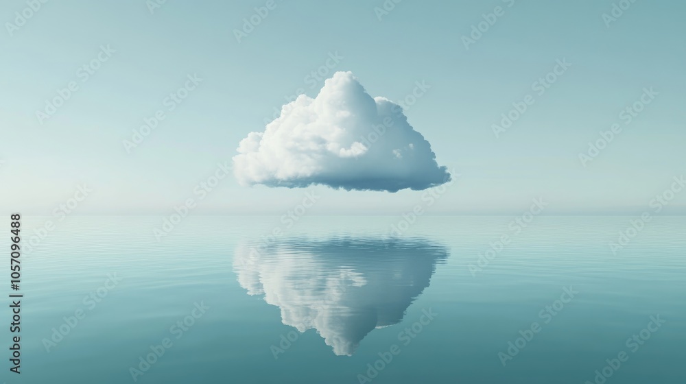 Poster 3d render of an abstract minimalist background featuring a white cloud hovering over calm water crea