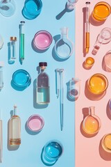 Fototapeta premium A colorful array of lab equipment and bottles, including a bottle of blue liquid, a bottle of green liquid, and a bottle of yellow liquid