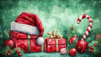 Watercolor Christmas set,Christmas decoration element,Surprise winter holiday realistic objects,Decoration elements for greeting cards banners,Merry Christmas and happy new year greeting concept.