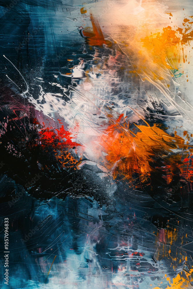 Poster vertical abstract artwork with medium-density color splashes, dynamic brushstrokes, and layers of te