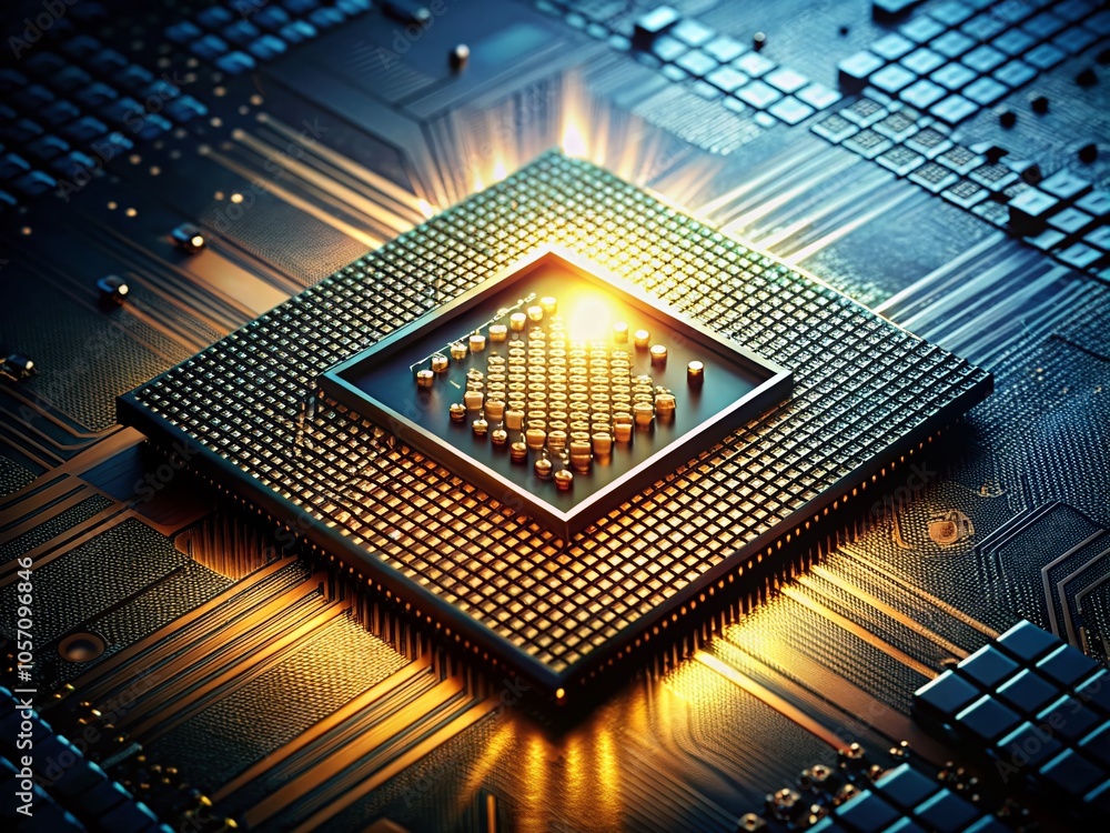 Poster heart of the digital world: close-up of a microchip and processor, showcasing technology and enginee