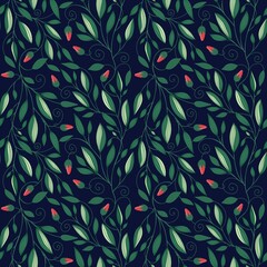Seamless Leaves, Branches and Buds Pattern on a Dark Background. Botanical Natural Textures for Fabric, Wallpaper, Packaging and Eco Design	