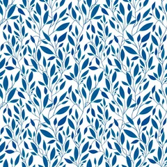 Seamless Blue Leaves and Branches Pattern on a White Background. Botanical Natural Textures for Fabric, Wallpaper, Packaging and Eco Design	