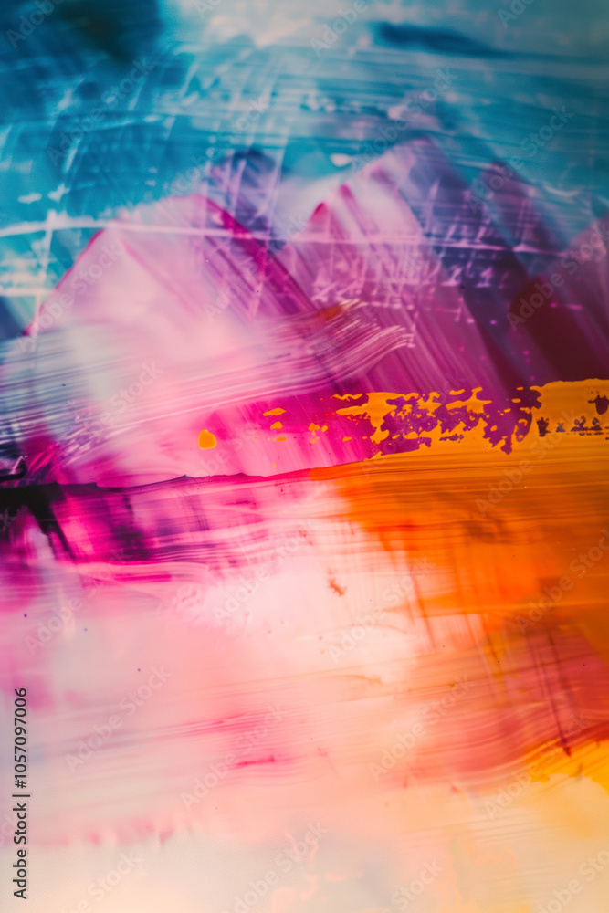 Poster vertical abstract artwork with medium-density color splashes, dynamic brushstrokes, and layers of te