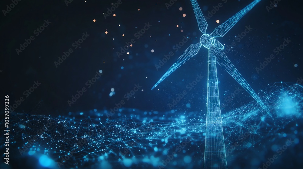 Poster wind turbine icon in abstract low poly wireframe style with dark blue background and glowing particl
